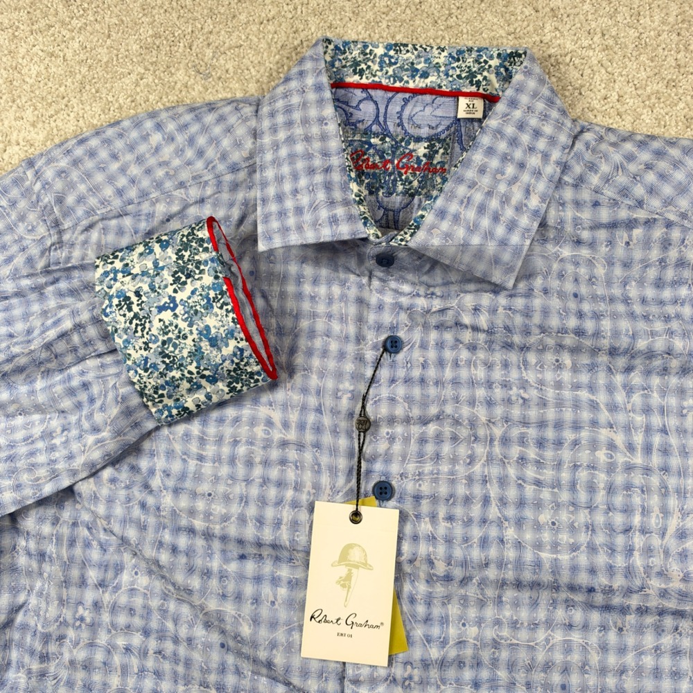 NEW Robert Graham Utica Shirt Men XL Blue Plaid Paisley Jacquard